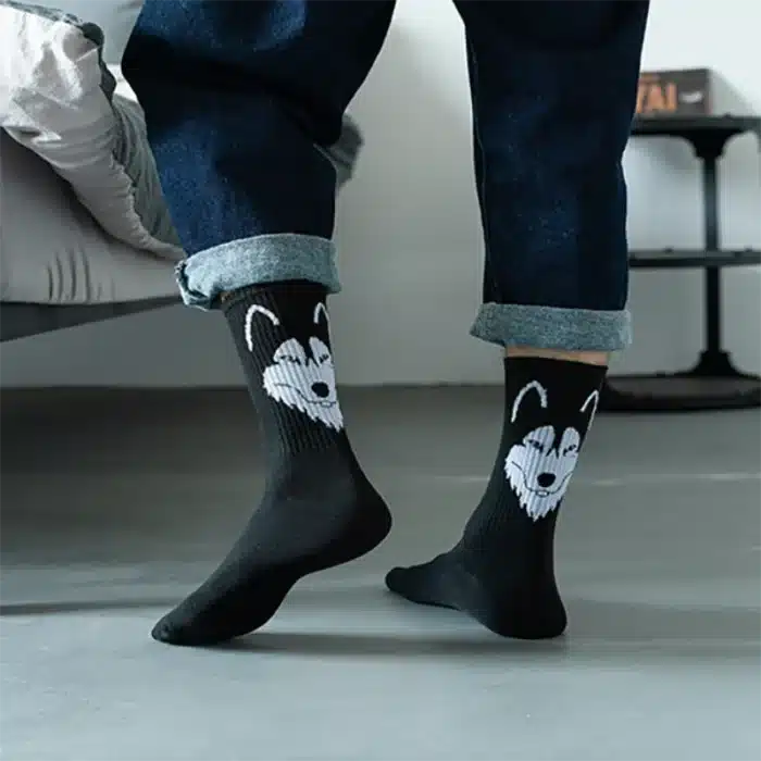 Chaussettes en coton pour homme, imprimé Animal, Style collège, dessin animé, noir, blanc, Panda, Lion, aigle, tigre, loup, sport, chaussettes courtes, Hip Hop 2